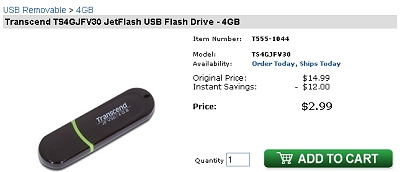 Transcend TS4GJFV30 JetFlash USB Flash Drive - 4GB -- on sale at Circuit City for $2.99