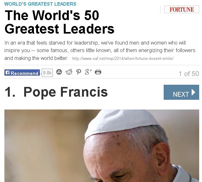 Pope Francis ranked #1 leader by Fortune magazine