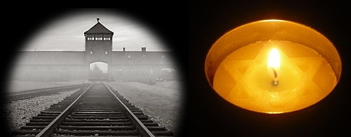 Yom Hashoah candle and entrance to Birkenau extermination camp