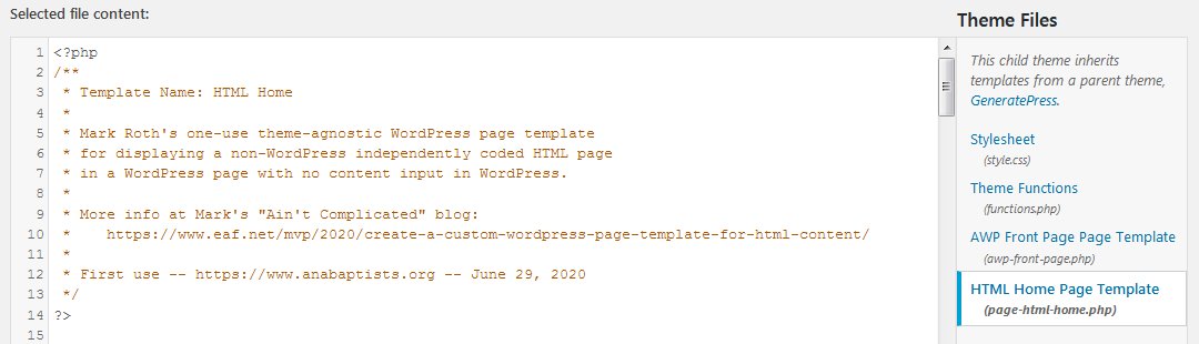 WordPress page template editing screen